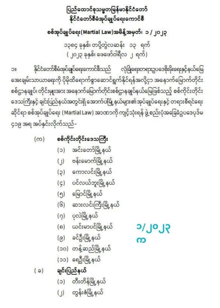 တိုင်းနှင့်ပြည်နယ် ၈ ခုမှ မြို့နယ် ၃၇ မြို့နယ်အား စစ်အုပ်ချုပ်ရေးပေးအပ်