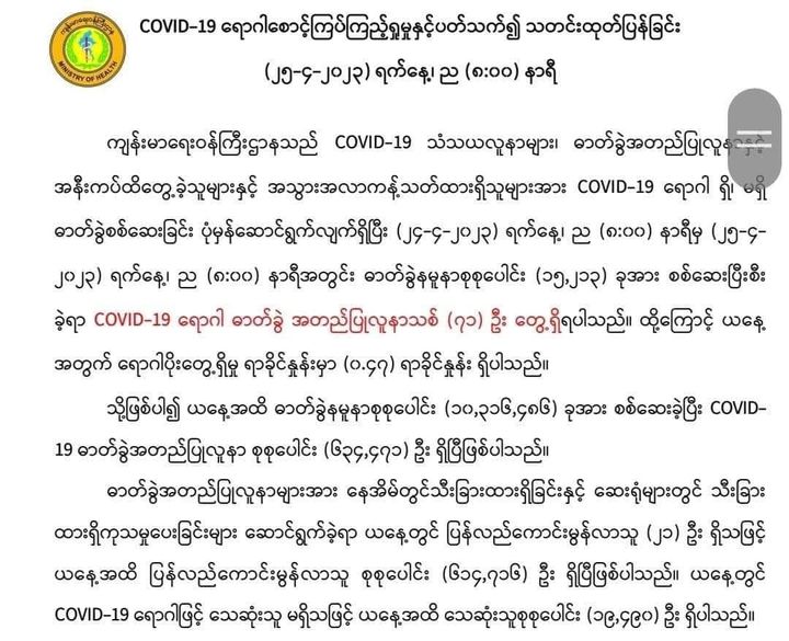 ကိုဗစ်(၁၉)ရောဂါ ဓာတ်ခွဲအတည်ပြုလူနာသစ် (၇၁)ဦးတွေ့ရှိ