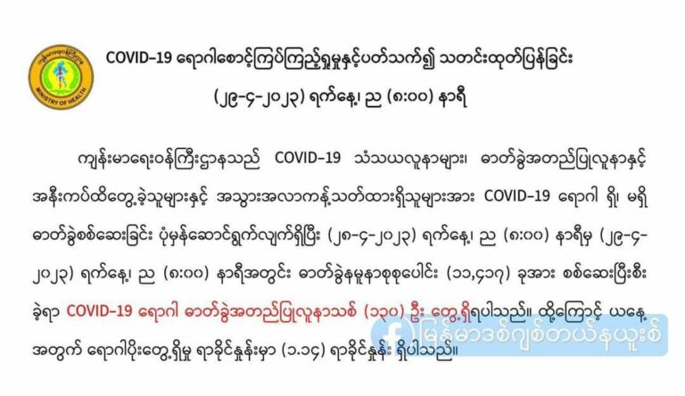 ကိုဗစ်(၁၉)ရောဂါ ဓာတ်ခွဲနမူနာ ၁၀၀၀၀ ကျော်အားစစ်ဆေးရာမှ အတည်ပြုလူနာသစ်(၁၃၀)ဦးတွေ့ရှိ