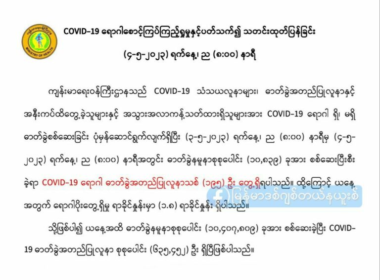 ကိုဗစ် (၁၉) အတည်ပြုလူနာသစ် (၁၉၅) ဦးရှိ ရောဂါပိုးတွေ့ရှိမှု ရာခိုင်နှုန်းမှာ ၁ ဒသာမ ၈ ရာခိုင်နှုန်းဖြစ်