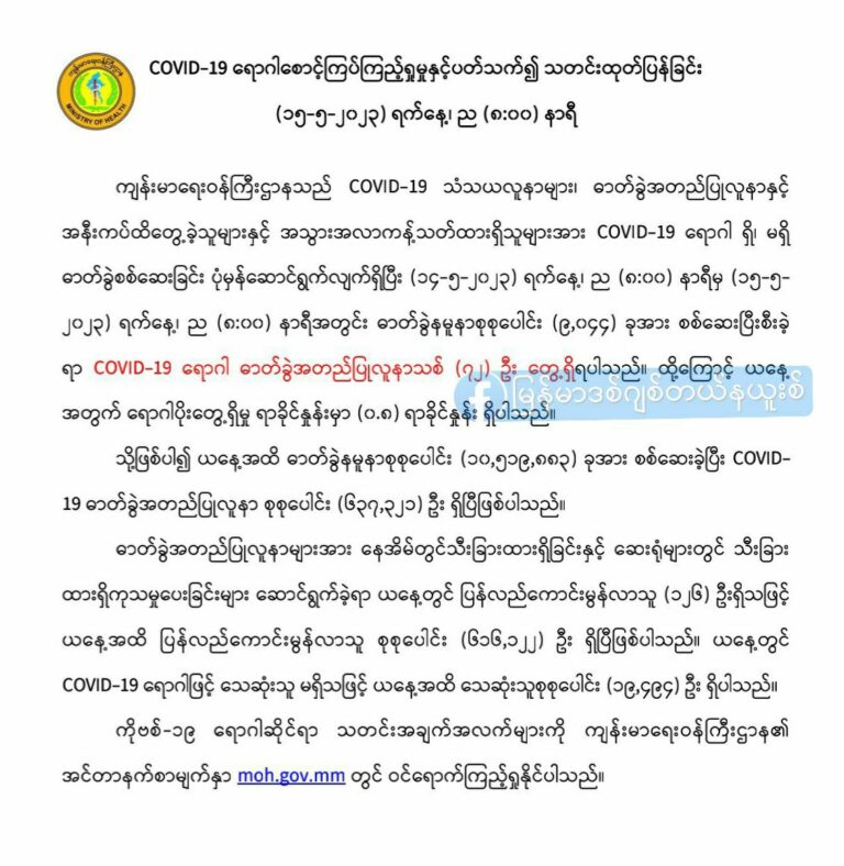 ကိုဗစ်(၁၉)ရောဂါ ဓာတ်ခွဲအတည်ပြုလူနာသစ်တွေ့ရှိမှုလျော့ကျ ၇၂ ဦးသာထပ်မံတွေ့ရှိ