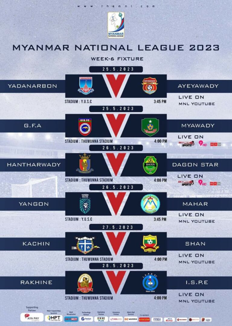 ၂ လကျော်ကြာရပ်နားထားသည့် Myanmar National League 2023 ယနေ့ပြန်လည်စတင်မည်၊ ပရိသတ်များပါ၀င်ရောက်ကြည်ရှုနိုင်ပြီ