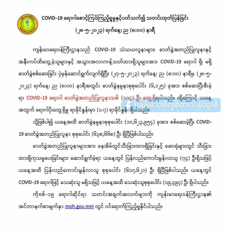 ကိုဗစ်(၁၉)ရောဂါ ဓာတ်ခွဲအတည်ပြုလူနာသစ် ၁၀၄ ဦးတွေ့