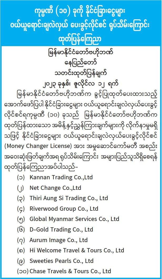 အမိန့်နှင့် ညွှန်ကြားချက်များ မလိုက်နာသည့် ကုမ္ပဏီ (၁၀) ခုကို နိုင်ငံခြားငွေ ဝယ်ယူရောင်းချလဲလှယ်ပေးခွင့်လိုင်စင် ရုပ်သိမ်း