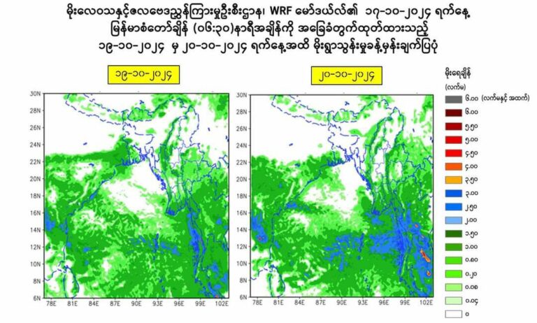 ရာသီဥတုဖြစ်စဥ်(၄)ခုကြောင့် ရန်ကုန်တိုင်းအပါအဝင် တိုင်းနှင့်ပြည်နယ်(၇)ခု၌ အောက်တိုဘာ ၁၉ ရက်မှစတင်၍ ၆ ရက်ခန့်မိုးသည်းထန်စွာရွာသွန်းနိုင်